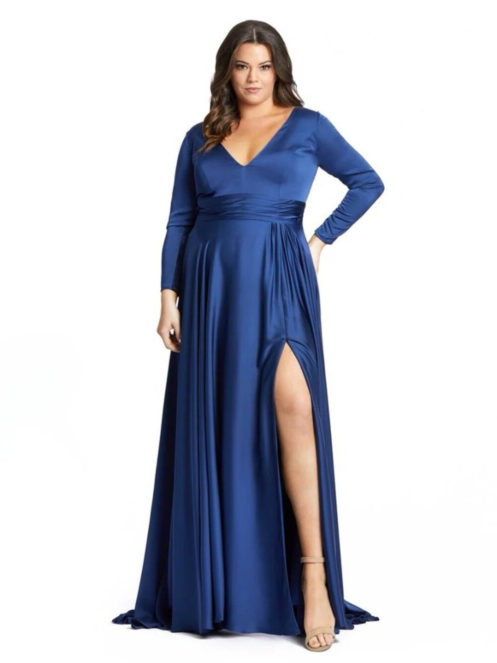 Mac Duggal Plus Size 20 W Blue 55290 Satin V-Neck Long Sleeve Dress Gown Formal
